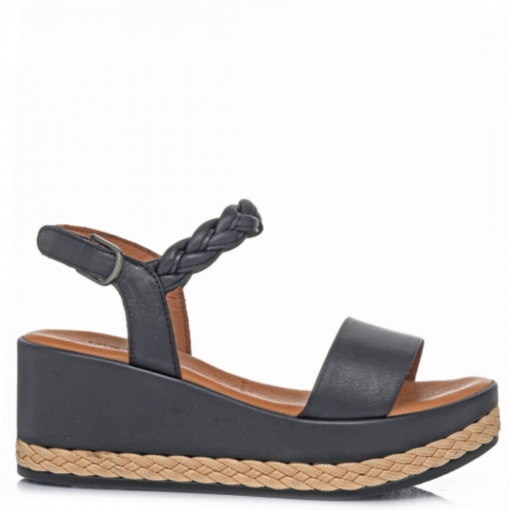 Black Migato Greek Leather Wedge Sandals